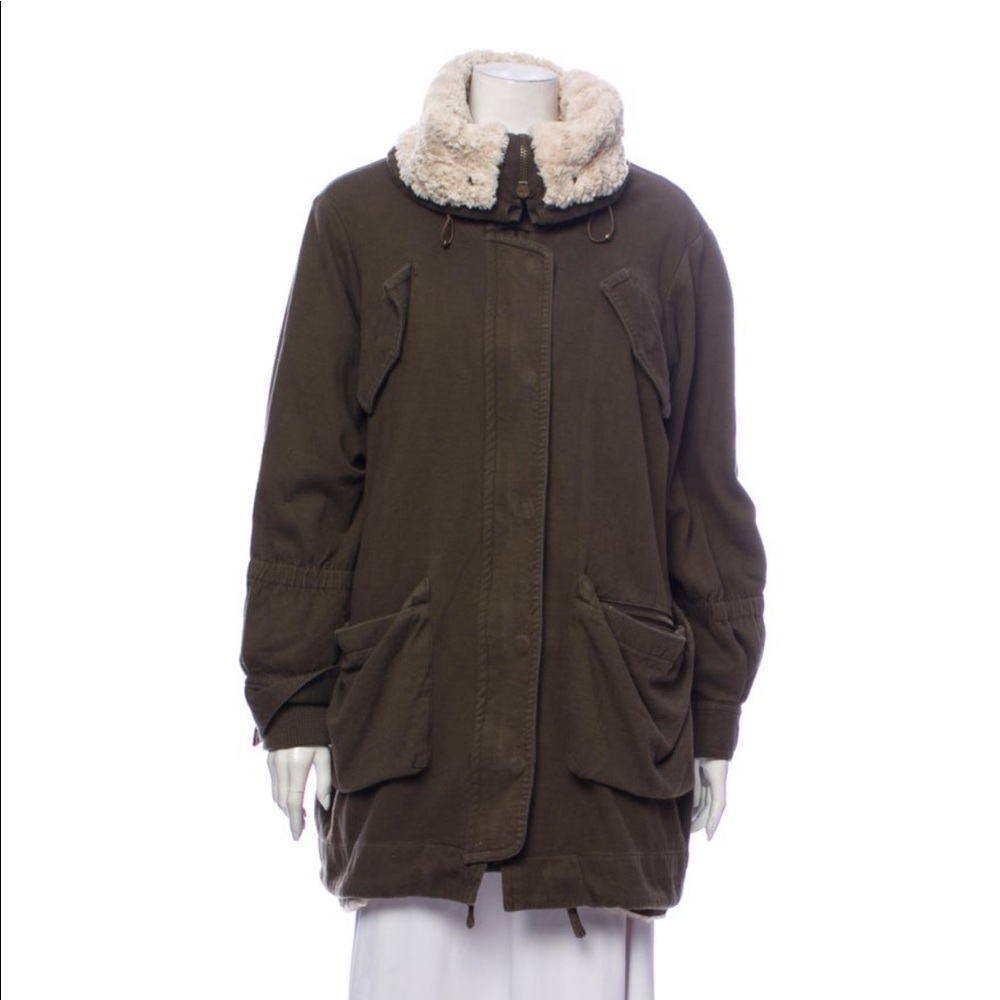 Theory green parka w/ detachable shearling insert